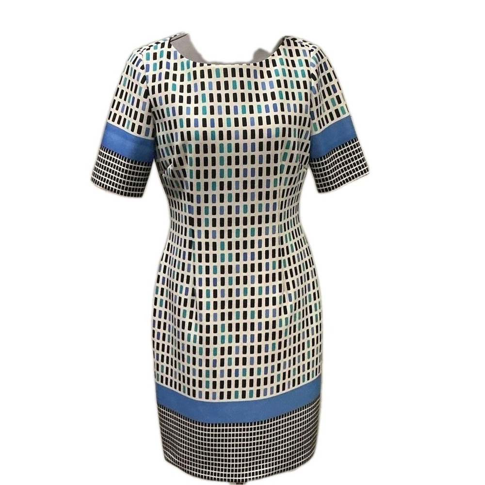 Tahari Arthur S Levine Blue White Geometric Abstract Sheath Dress Size 6